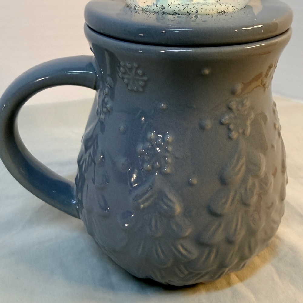 Temp-tations by Tara Blue Snow Globe Lid Coffee Mug 16oz Snowflake Tree Ceramic - Picture 3 of 10